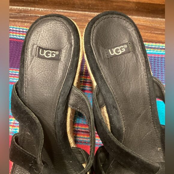 Ugg Black High Heeled Slip on Leather Sandals Braided Jute Covered Heels Sz 9 - Picture 12 of 16